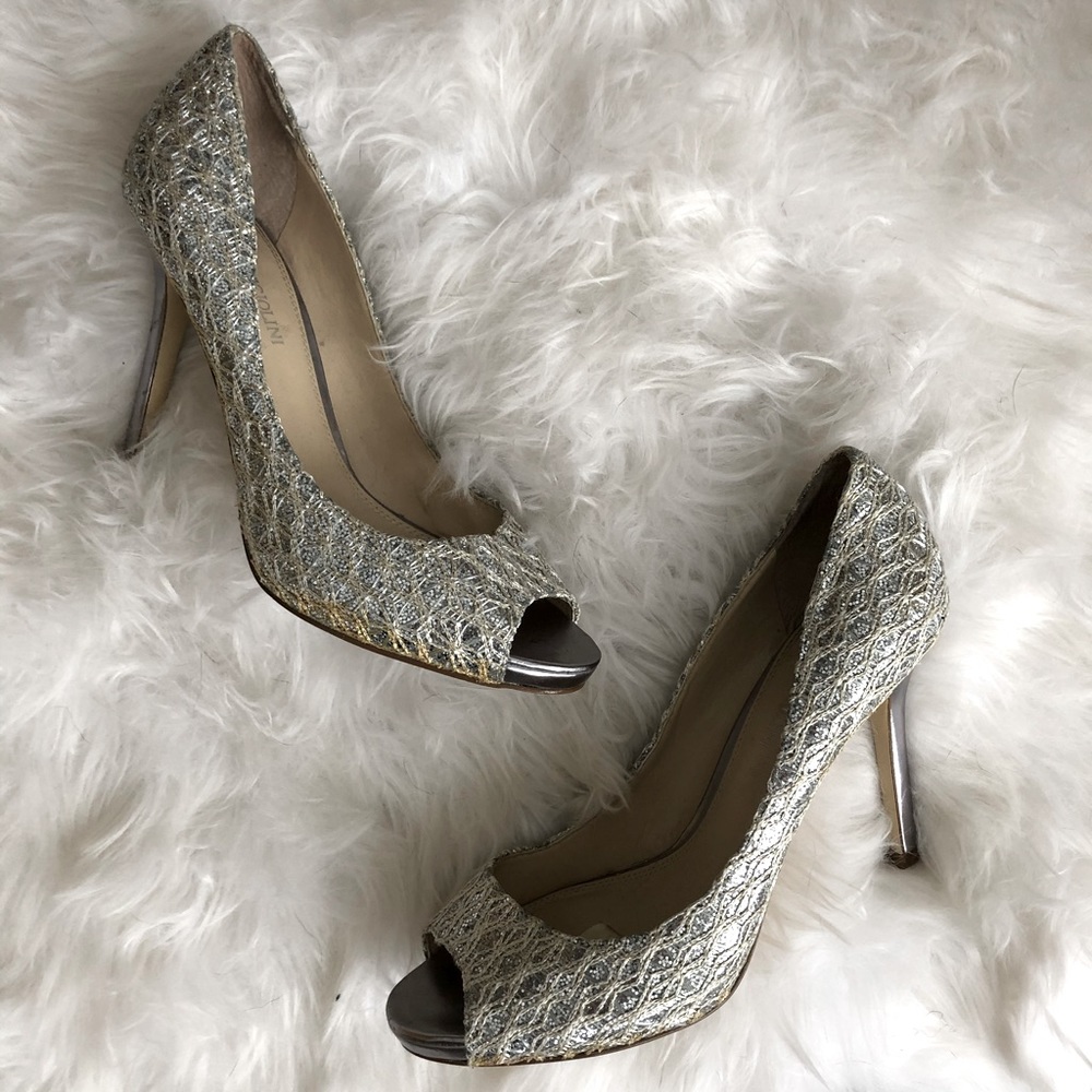Enzo Angiolini Metallic Silver Peep Toe Heels